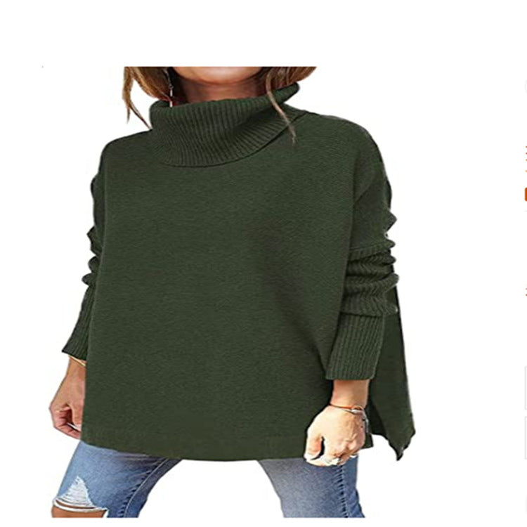 Women's Turtleneck Oversized Sweater Mid-Length Batwing Sleeve Hem Waist Pullover Sweaters Top