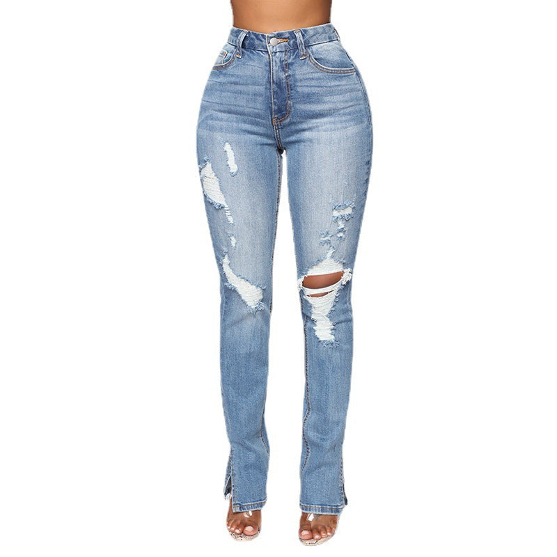 Bestseller Blue Washed Ripped High Waist Stretch Split Jeans