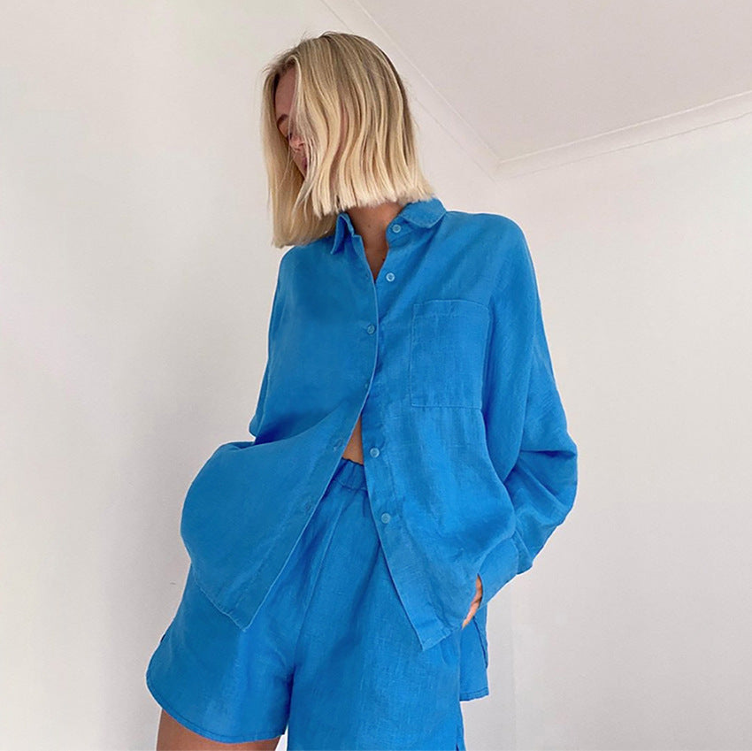 Blue Cotton Linen Shirt Long-Sleeve Suit Two-Piece Set 2022 Summer European and American Leisure Commute Minimalist Ins Style Women's Clothing