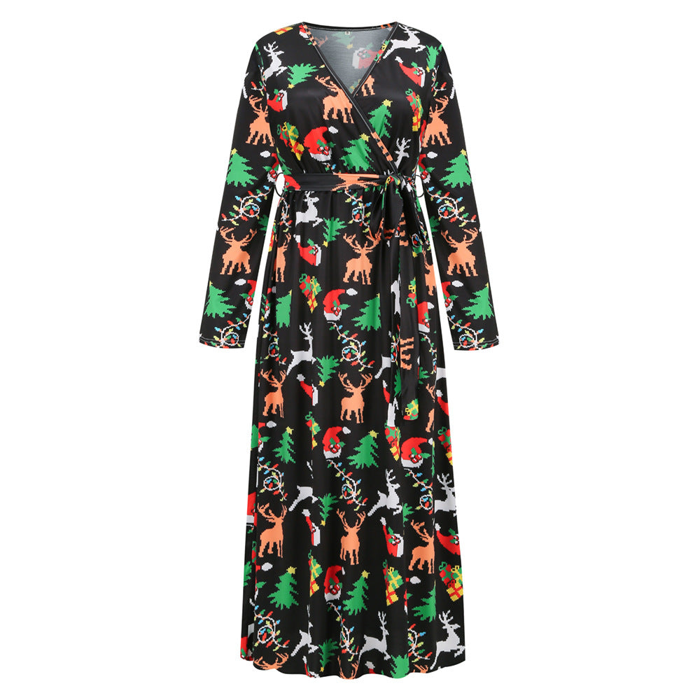 Christmas Printed Dress Fashionable V-neck Long Knitted Fitted Waist Dress