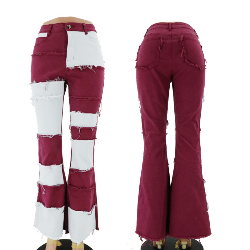 Fashion Color Contrast Patchwork High Waist Tight Hip Horn Women's Denim Trousers