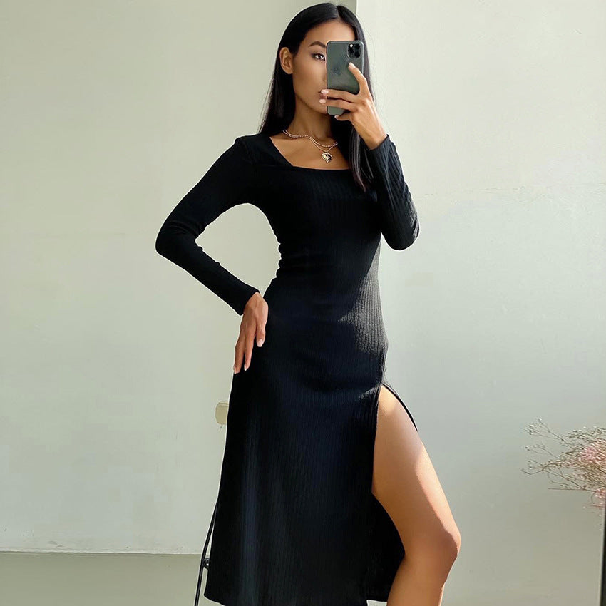 Women's Knitted Dress French Hepburn Style Inner Wear Skirt Elegant Sexy Slit Black Dress Women