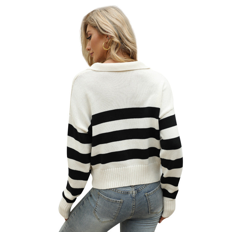 Long Sleeve Polo Collar Cotton Knitted Top Women Loose Striped Contrast Color Pullover