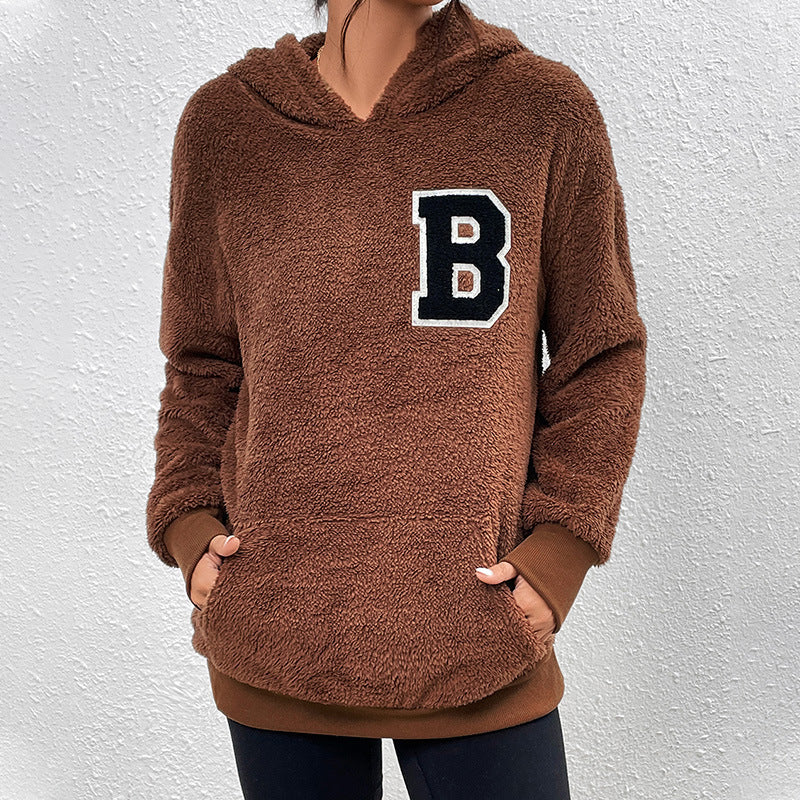 European and American Long Sleeve Hooded Solid Color Women's Letter Fleece Pullover