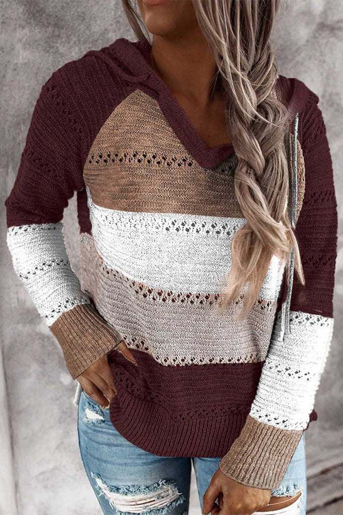 Contrast Color Sweater Women's V-neck Hooded Knitted Sweater for Women