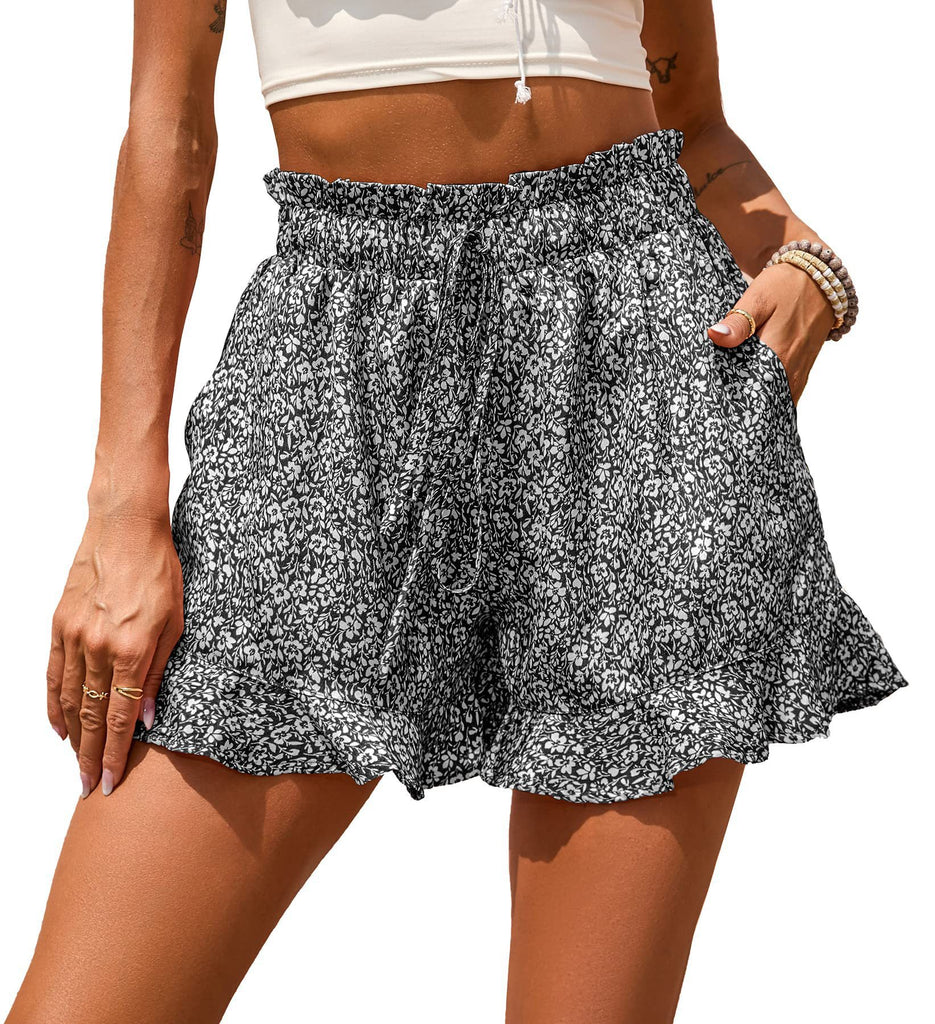 Chiffon Printed Casual Pocket Nipped Waist Shorts