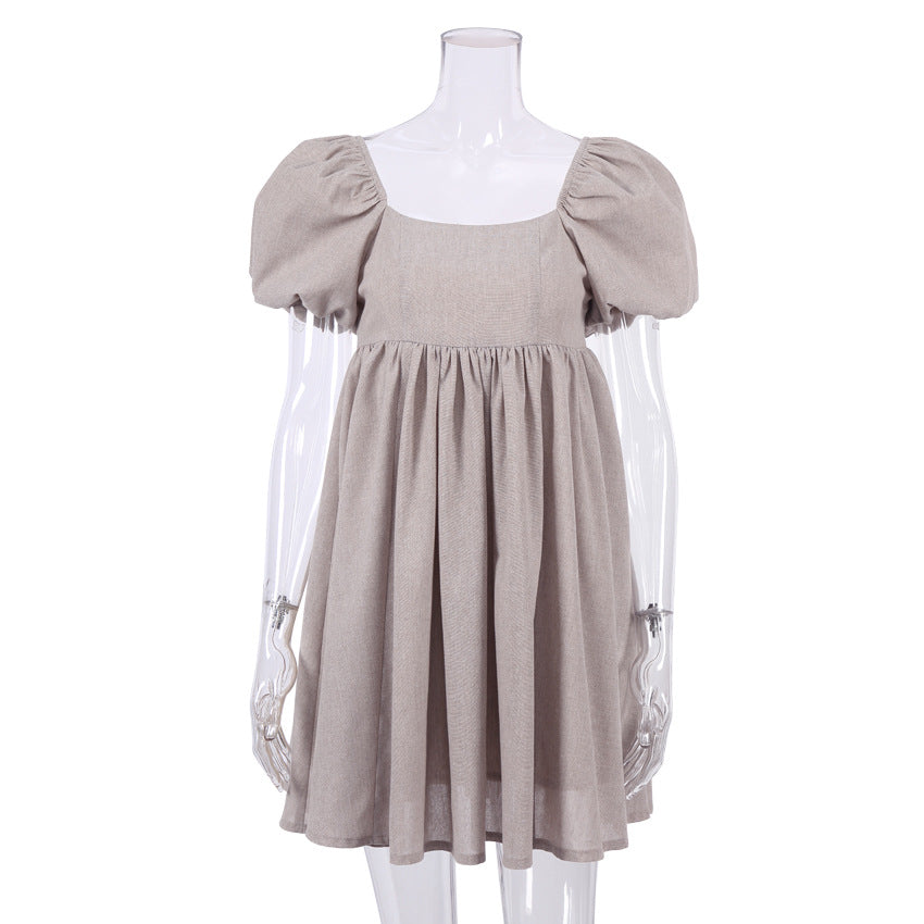 Bubble Sleeve Commuter Cotton and Linen Dress Short Sleeve Vacation Style Waist A- line Skirt Backless Skirt