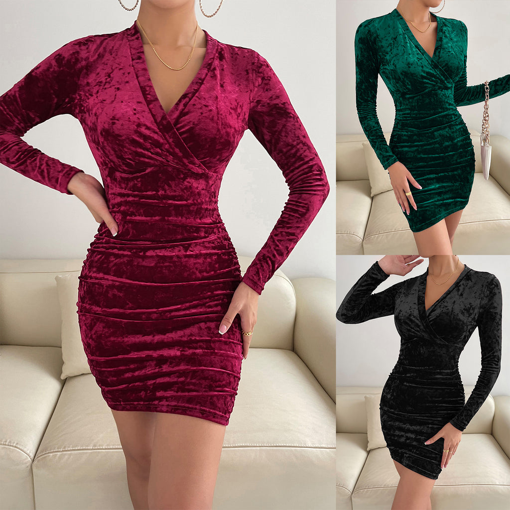 2022 Autumn and Winter New Velvet Dress European and American Women's Clothing V-neck Sexy Slim Hip Dress