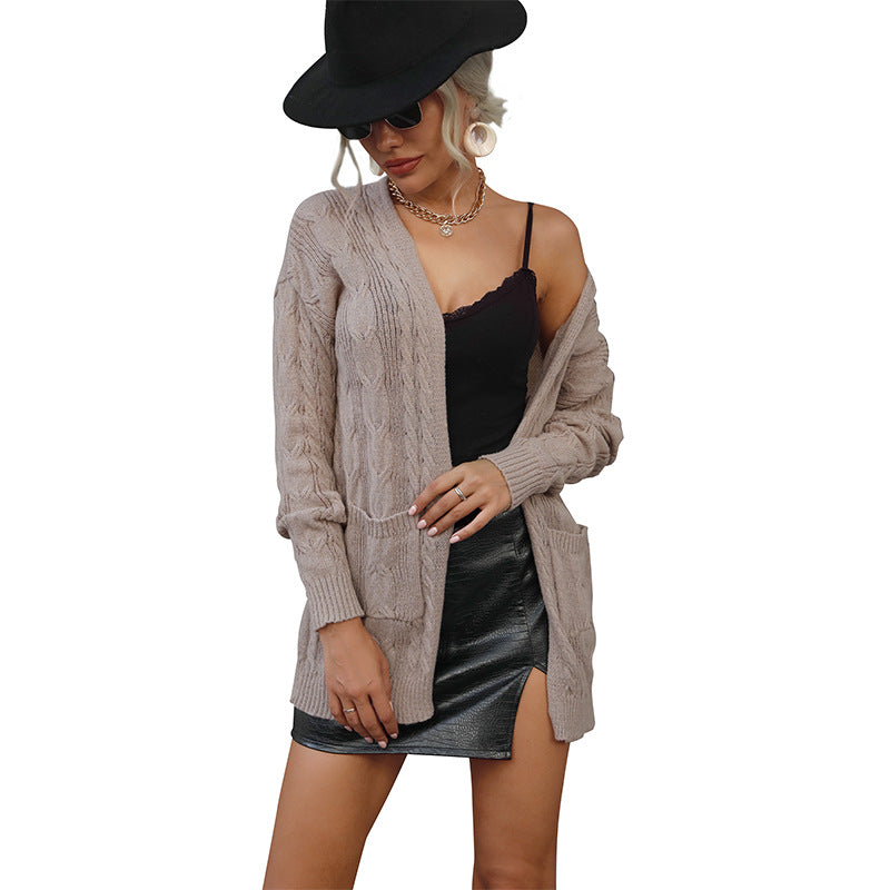 European and American Fashion Women's Wear Twist Long Sleeve Solid Color Sweater Cardigan Coat