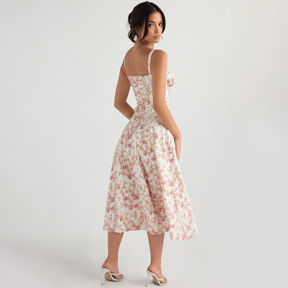 Slim Fit Slit Floral Skirt Hollow Backless Suspender Dress
