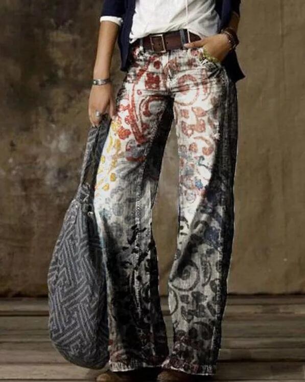 Wide-Leg Pants Straight Urban Casual Trousers No Belt High-Waisted Trousers