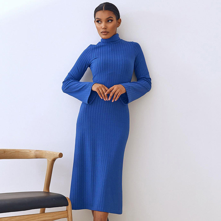 Temperament Commute Long Dress Turtleneck Sheath Dress Niche Pleated Cross-Border European and American Women's Clothing
