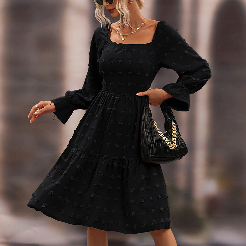 Autumn Three-Dimensional Embossed Chiffon Midi Long Sleeve Dress