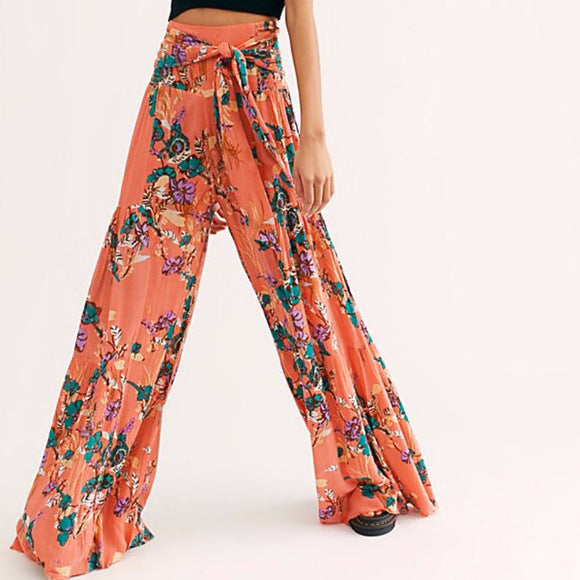 Floral Digital Printing Women's Rope Belt Casual Wide-Leg Pants Beach Vacation Bell-Bottom Pants