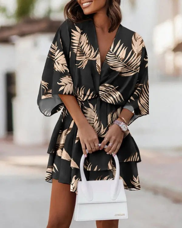 Women's V-neck Loose Batwing Sleeve Printed Dress