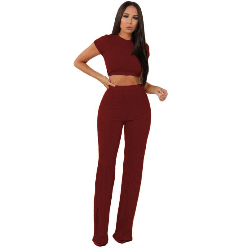 2022 new fashion casual suit female European and American high-elastic cotton pit strip wide-leg pants two-piece set