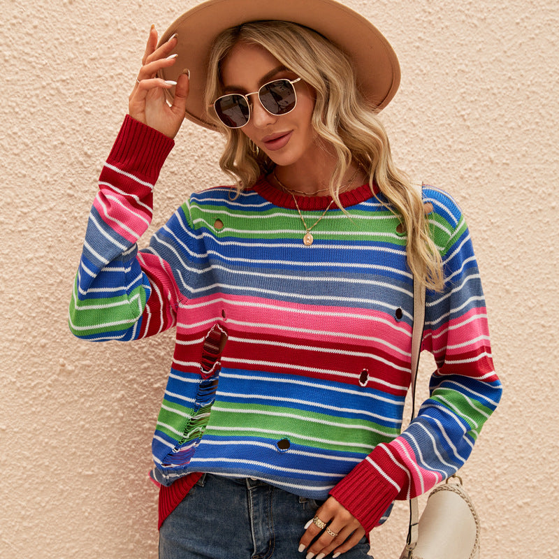 Color Sweater Long Sleeve round Neck Striped Sweater Loose Casual Contrast Color Ripped Sweater