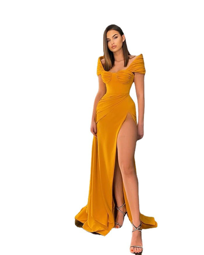 Evening Dress Fashion off-Neck Yellow Split Sexy Evening Dress