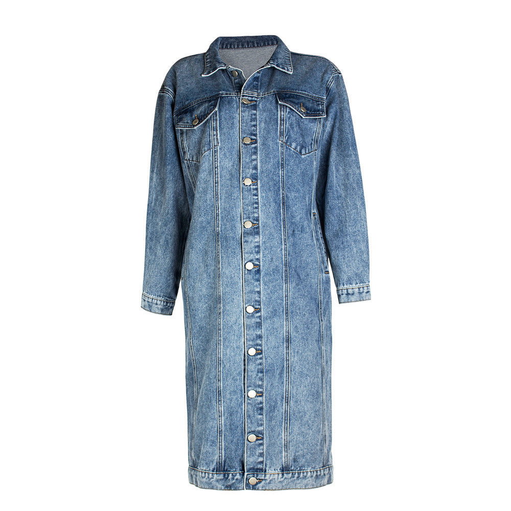 Women's Long Denim Jacket Washed-out Vintage Slim Fit Fashion Denim Jacket