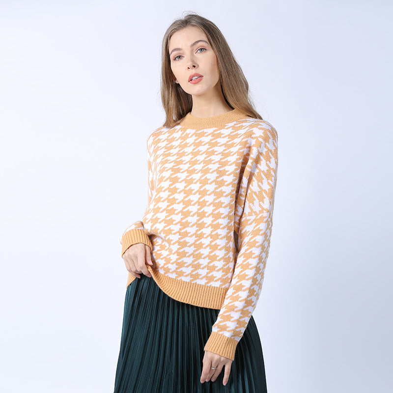 Autumn and Winter New Women's Houndstooth Knit Casual Pullover European and American Large Size Sweater