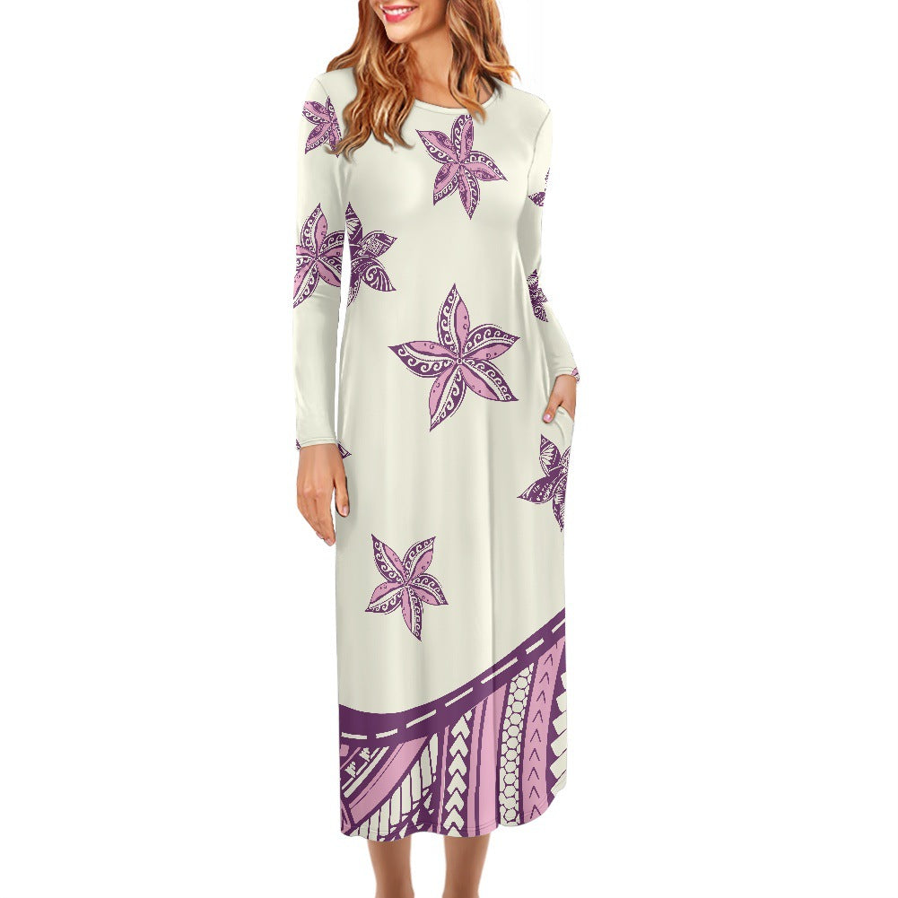 Hawaiian Print Dress Large Size Long Sleeve Round Neck Foreign Trade Women's Long Skirt