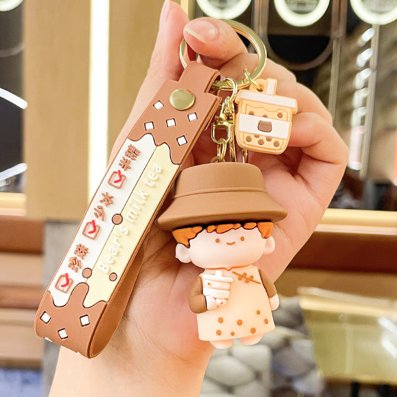 Cartoon Bubble Tea Couple Little Bear Keychain Cute Automobile Hanging Ornament Exquisite Bag Key Ring Pendants