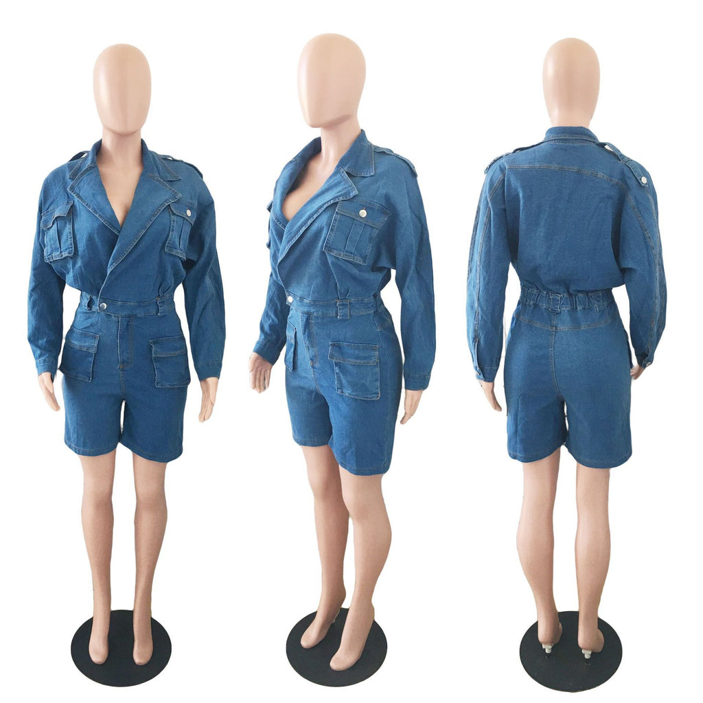 Denim Jumpsuit New European and American Washed Fashionable Slim Fit Comfortable One-Piece Denim Shorts