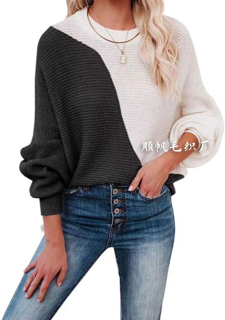 Batwing Sleeve Color-Block Crew Neck Knitwear Pullover Long Sleeve Sweater Women