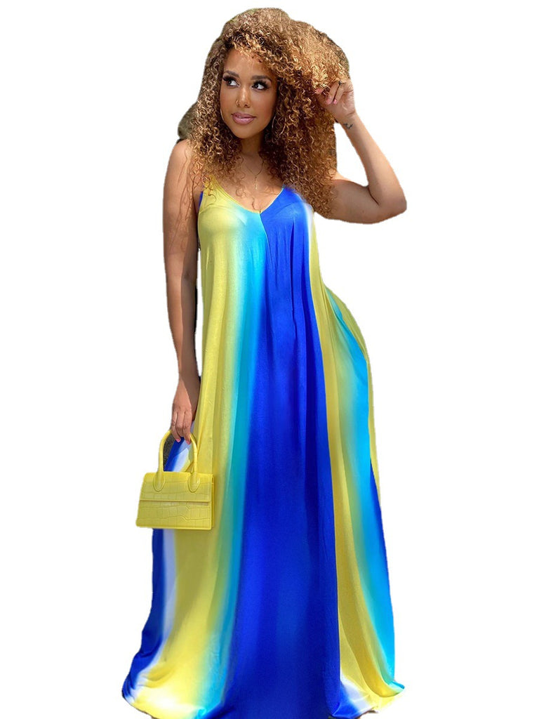 Printed Sexy Deep V Strap Long Dress