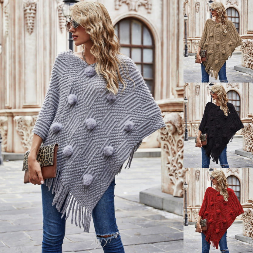 Autumn and Winter New Mid-Length Hairy Ball Tassel Shawl Sweater