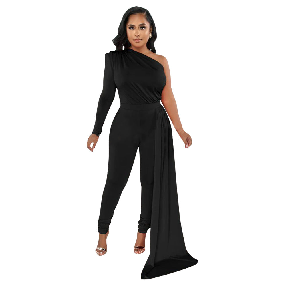 Women's Pleated Shoulder Pure Color Tight Jumpsuit