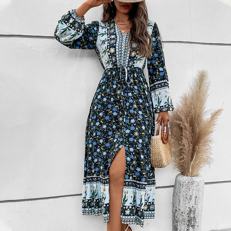 Women's V-neck Puff Sleeve Bohemian Printed Long Sleeve Split Dress