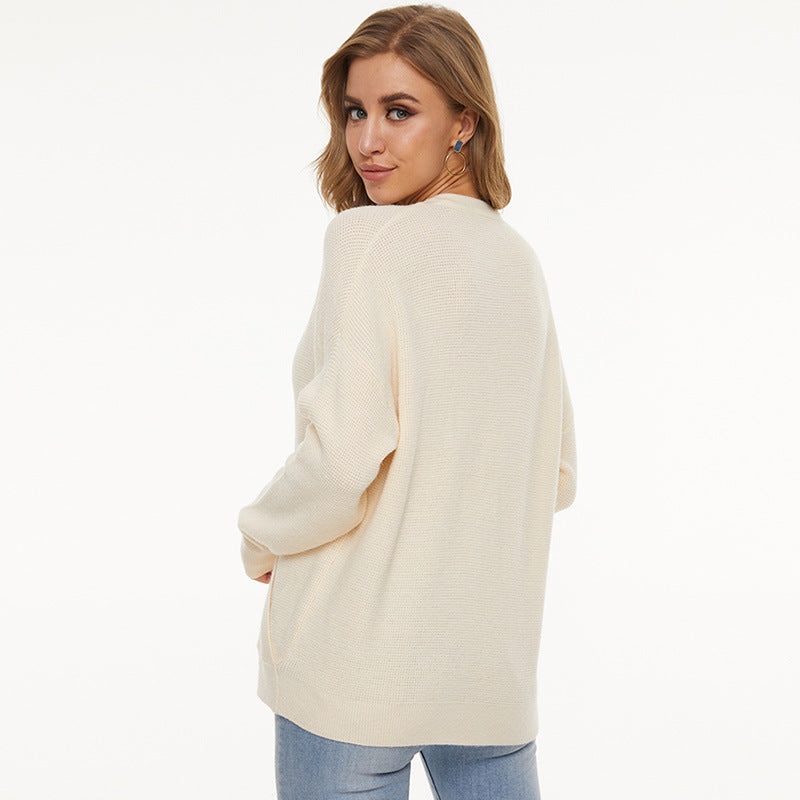 Women's Loose-Fitting V-neck Long Sleeves Sweater Fashion Pullover Top