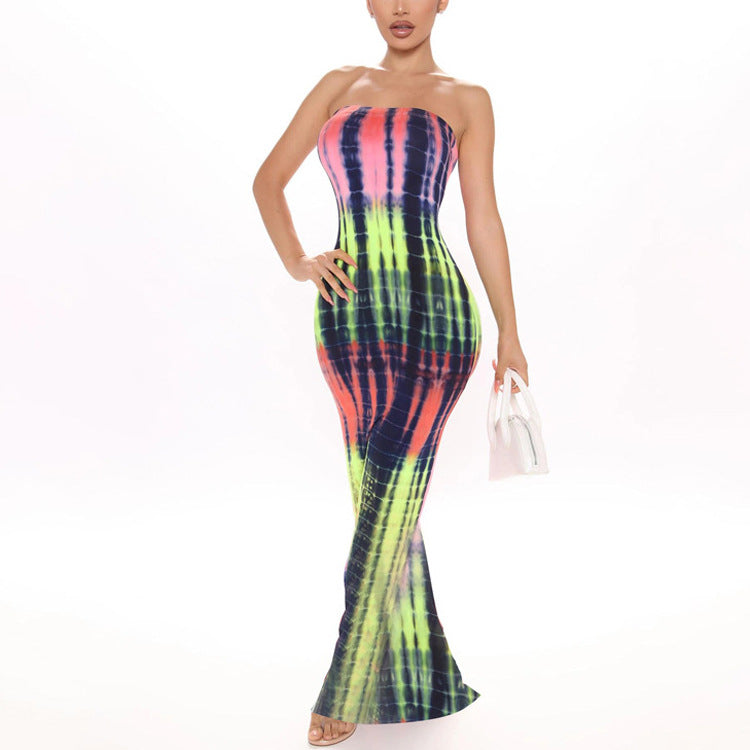 Printed Tube Top Large Size Sheath High Waist Slim One-Step Long Dress Sexy off-Shoulder Dress
