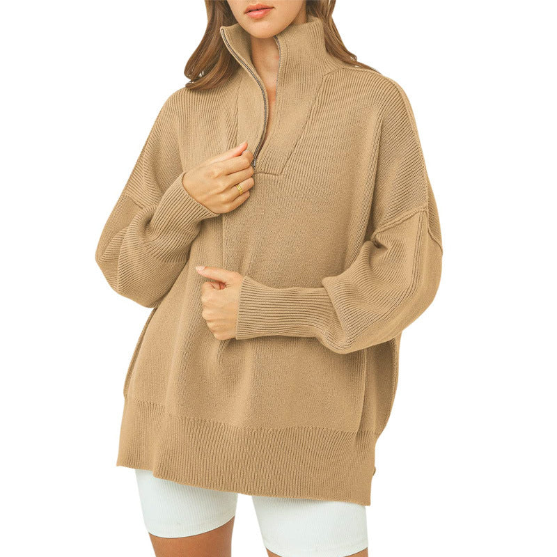 Women's Zipper Collar Drop-Shoulder Lantern Sleeve Sweater Pullover Sweater