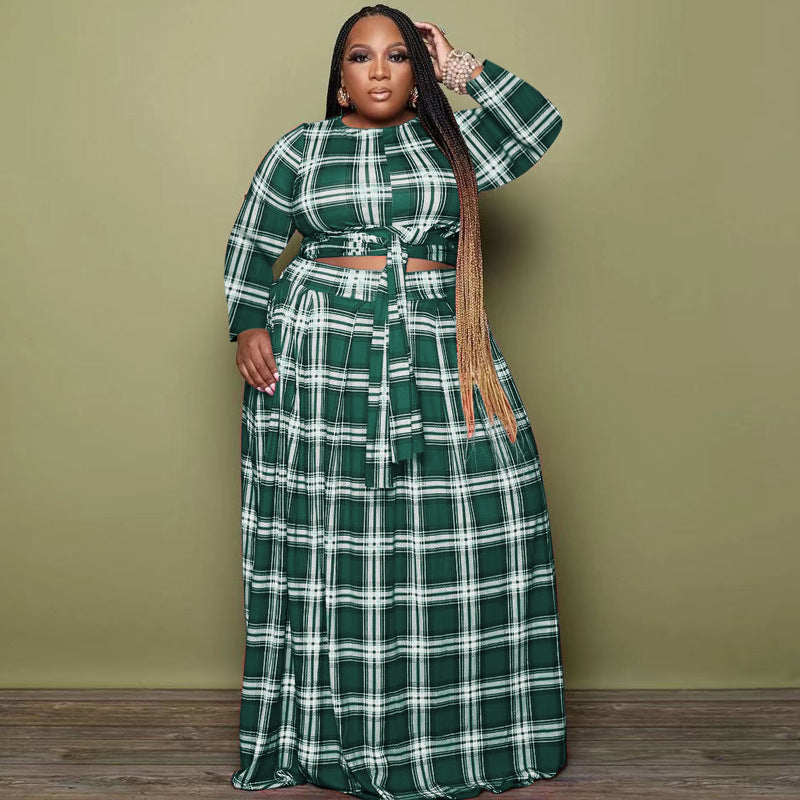 Autumn New Plaid Printed Two-Piece Loose Casual plus Size Women's Clothing Suit