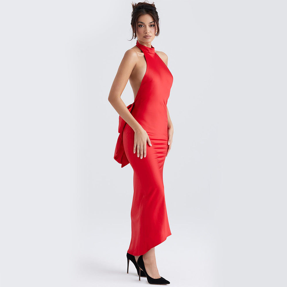 Women's Sexy Socialite Slim Fit Backless Long Dress Toast Dress Bow Halter Dress Evening Dress