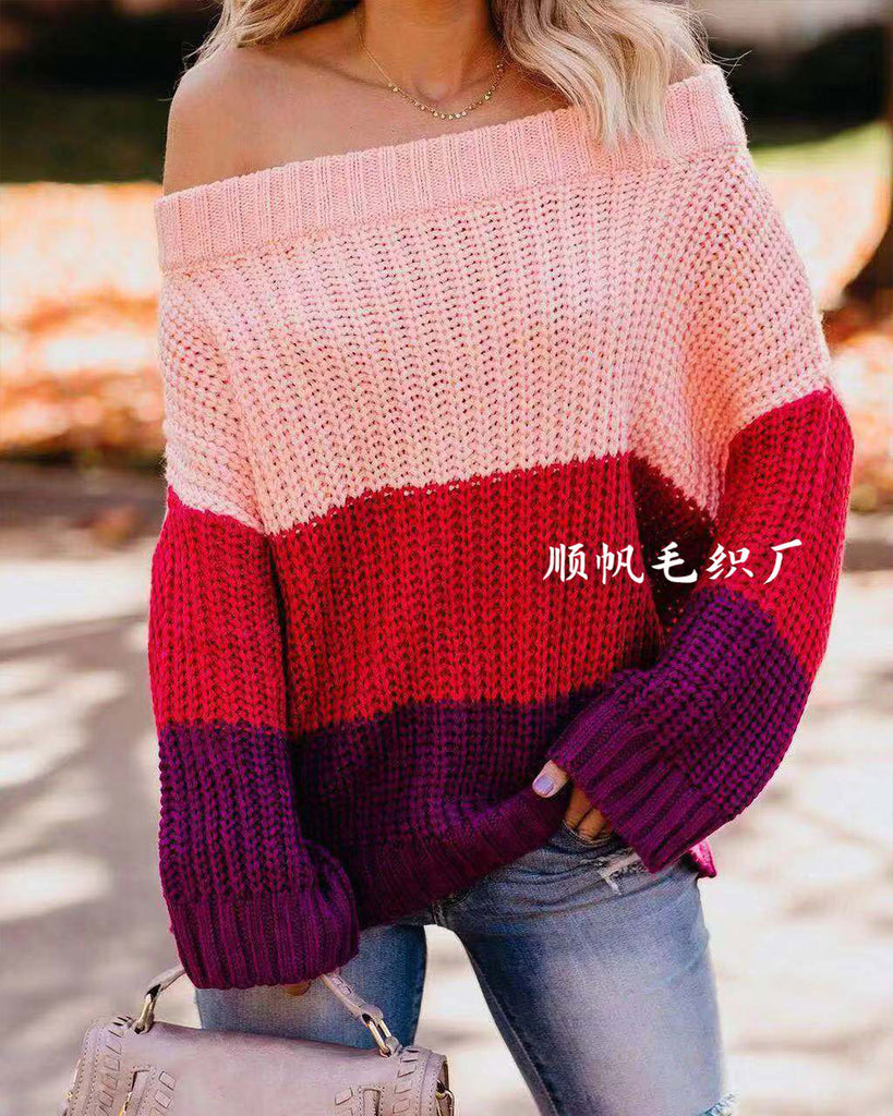 Women's Patchwork Women's Knitwear Pullover Ol Commuter Color Loose Sweater