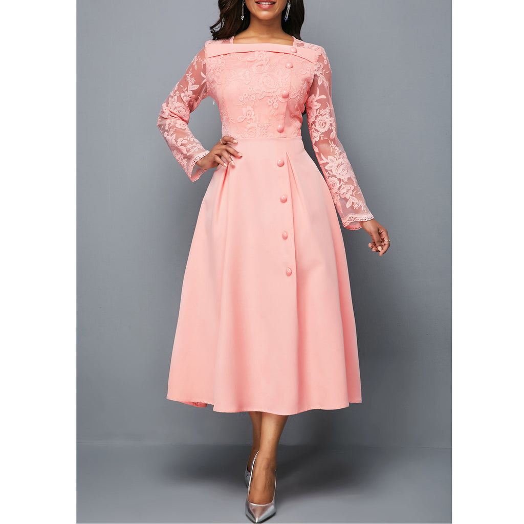 Women's round Neck Lace Dress High Waist Long Sleeves Printed Midi Dress