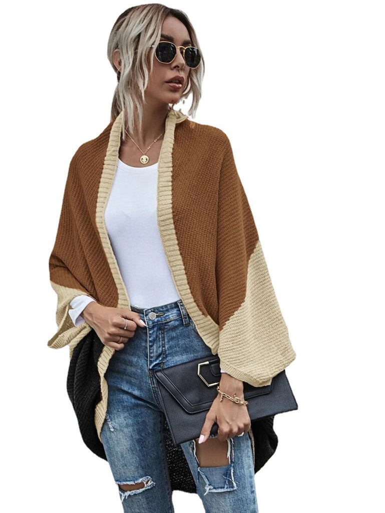 Contrast Color Shawl Autumn and Winter New Color Stitching Knitted Cardigan Sweater Coat