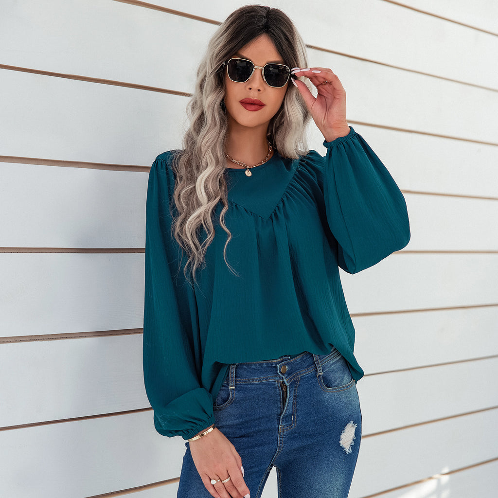 2022 Early Autumn New Top Women's Solid Color round Neck Pullover Shirt Loose Shirt