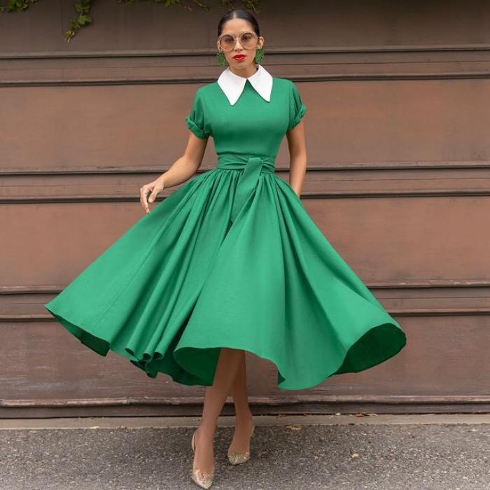 Blouse Collar Dress Temperament Commute Green High Waist Midi Skirt Belted Dress