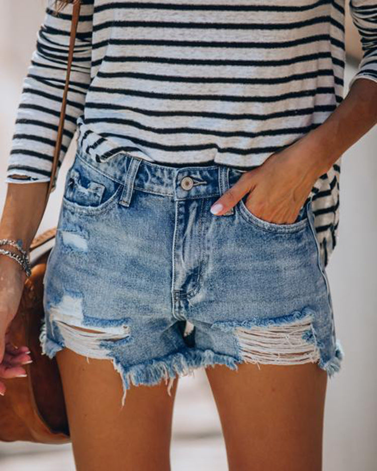 Denim Casual Shorts Ripped Burrs Slimming All-Match Women's Fashion