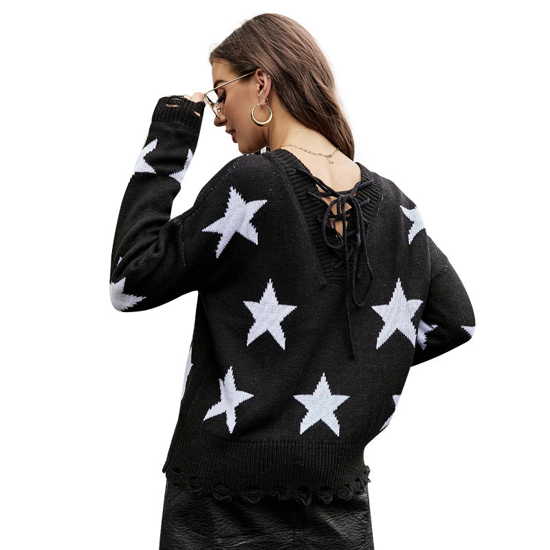 European and American Lace-up Sexy V-neck Knitwear Five-Star Jacquard Loose Pullover