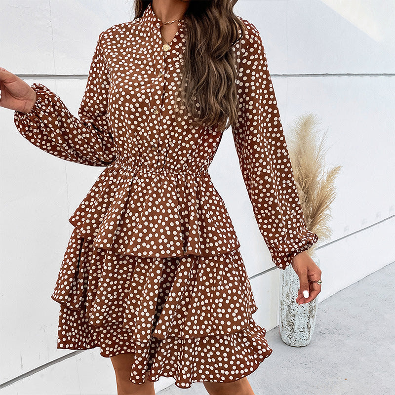 Early Autumn Polka Dot Printed Long Sleeve Bottoming Dress Ruffled