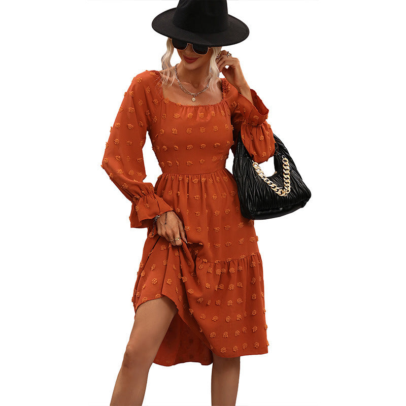 Autumn Three-Dimensional Embossed Chiffon Midi Long Sleeve Dress