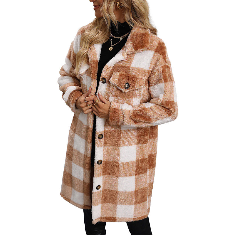 Casual Mid-Length Double Pocket Plaid Warm Furry Coat