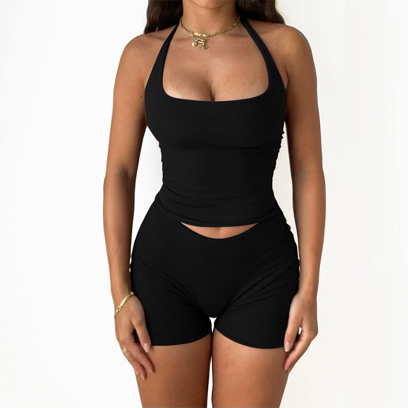 Tight Two 2 Pieces Suit Women's Casual Tie up Tube Top Backless Top Slim Shorts Suit