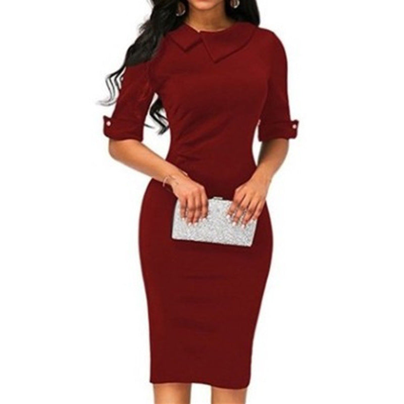 Elegant Business Dress Fashion Commuter Office Women's Solid Color Mid-Length Long Sleeve Dress