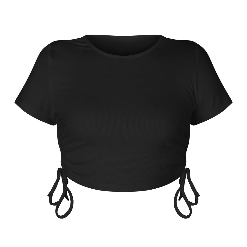 Fashion Sexy Sunken Stripe Cropped Drawstring Lace-up round Neck Short Sleeve T-shirt European and American Women's Top